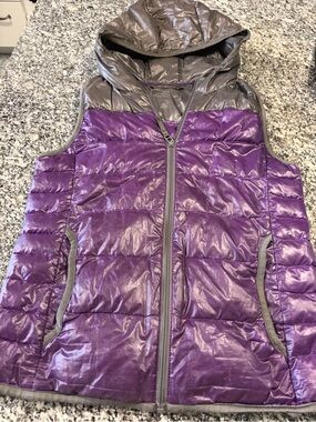 Purple Quilted Hooded Puffer Vest with Gray Trim